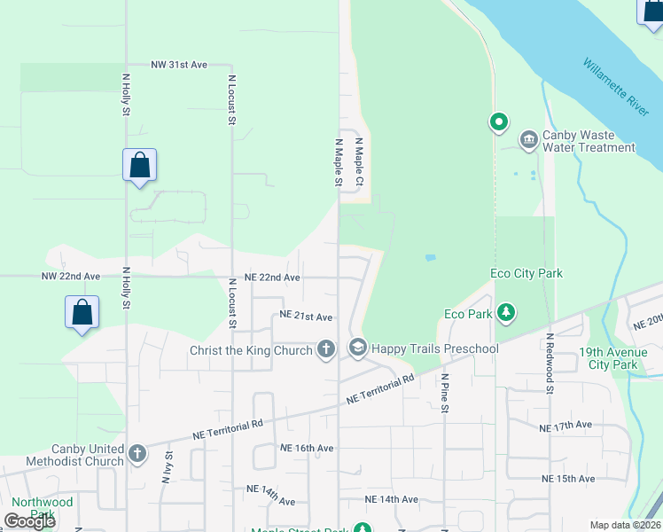 map of restaurants, bars, coffee shops, grocery stores, and more near 2217 North Maple Street in Canby