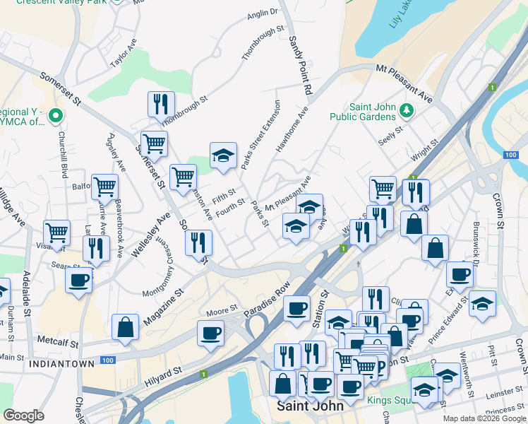 map of restaurants, bars, coffee shops, grocery stores, and more near 62 Parks Street in Saint John
