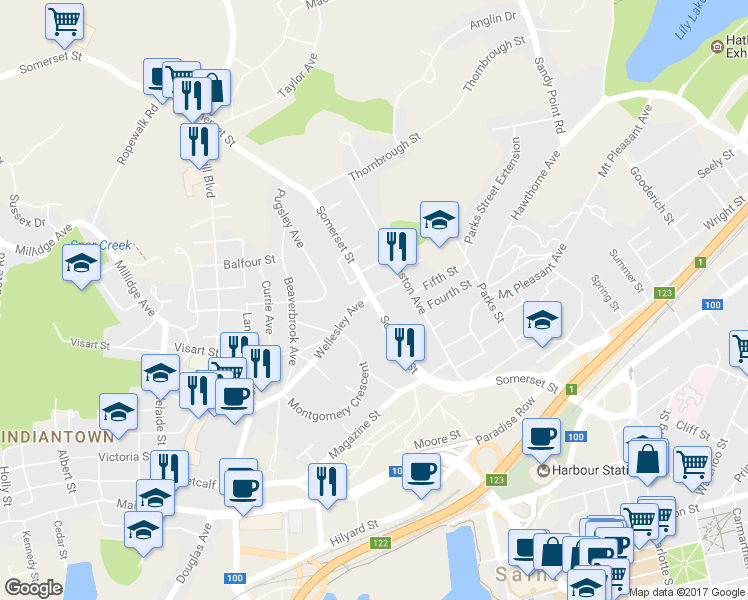 map of restaurants, bars, coffee shops, grocery stores, and more near 120 Somerset Street in Saint John