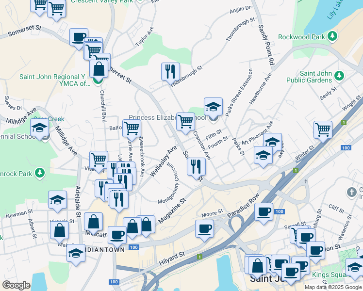 map of restaurants, bars, coffee shops, grocery stores, and more near 120 Somerset Street in Saint John