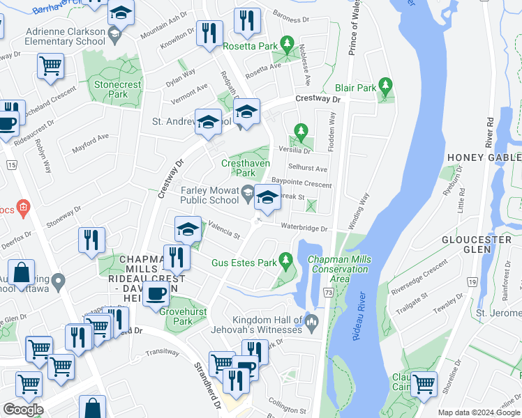 map of restaurants, bars, coffee shops, grocery stores, and more near 99 Cresthaven Drive in Ottawa