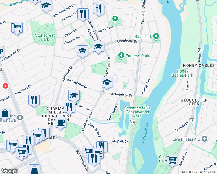 map of restaurants, bars, coffee shops, grocery stores, and more near 8c Burloak Street in Ottawa