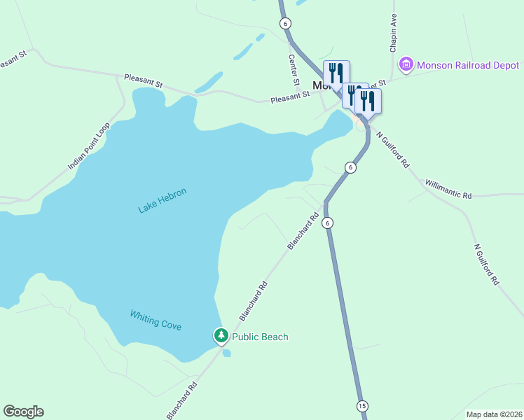 map of restaurants, bars, coffee shops, grocery stores, and more near 102 Stevens Lane in Monson
