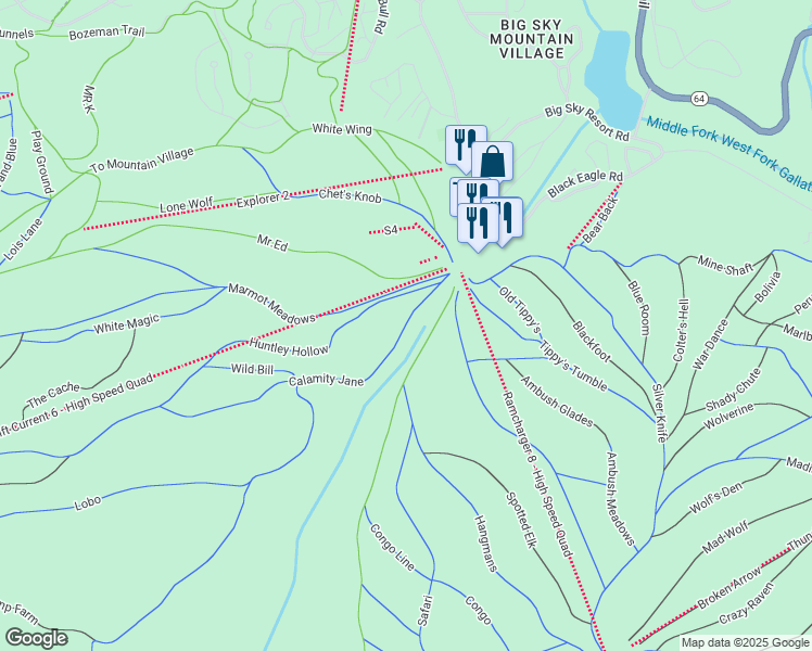 map of restaurants, bars, coffee shops, grocery stores, and more near Ski Lift Road in Big Sky