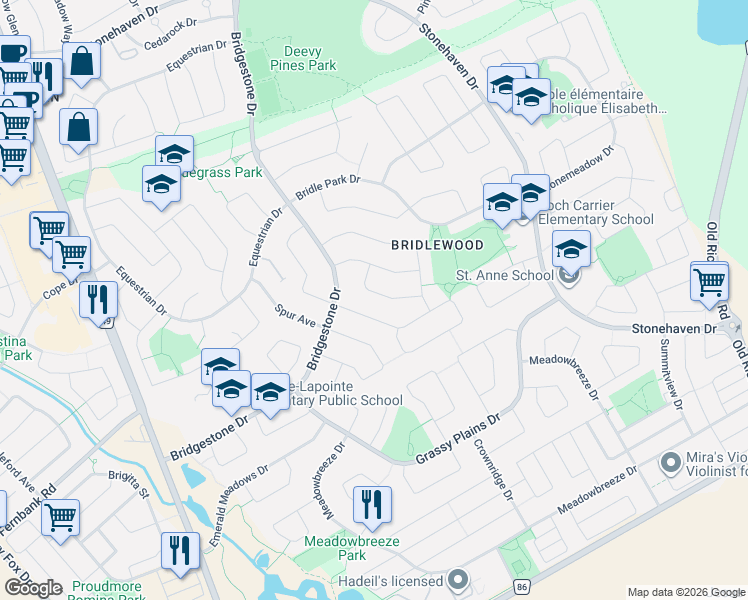 map of restaurants, bars, coffee shops, grocery stores, and more near 75 Polo Lane in Ottawa