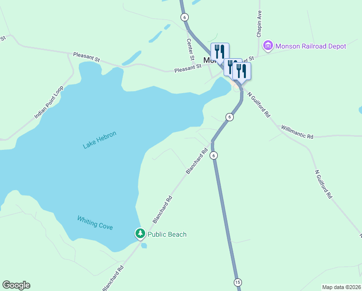 map of restaurants, bars, coffee shops, grocery stores, and more near 102 Stevens Lane in Monson