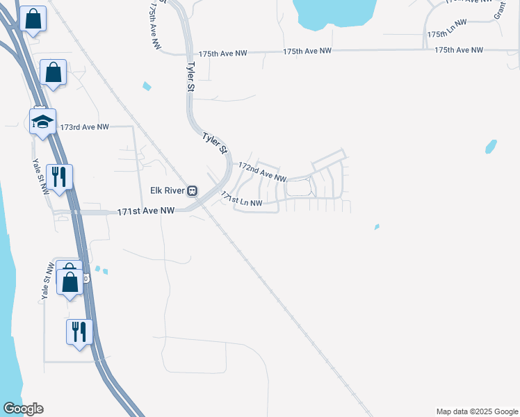 map of restaurants, bars, coffee shops, grocery stores, and more near 10619 171st Avenue Northwest in Elk River
