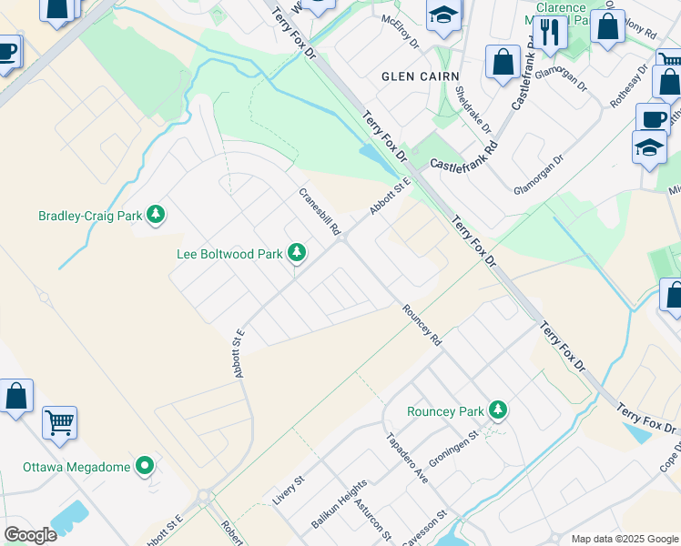 map of restaurants, bars, coffee shops, grocery stores, and more near 551 Roundleaf Way in Ottawa