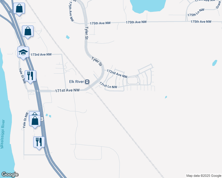 map of restaurants, bars, coffee shops, grocery stores, and more near 10647 171st Avenue Northwest in Elk River
