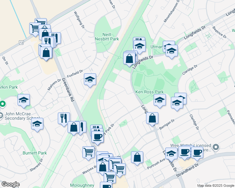 map of restaurants, bars, coffee shops, grocery stores, and more near 643 Via Amalfi Street in Ottawa