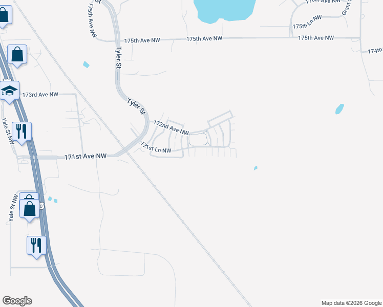 map of restaurants, bars, coffee shops, grocery stores, and more near 17138 Olson Street Northwest in Elk River