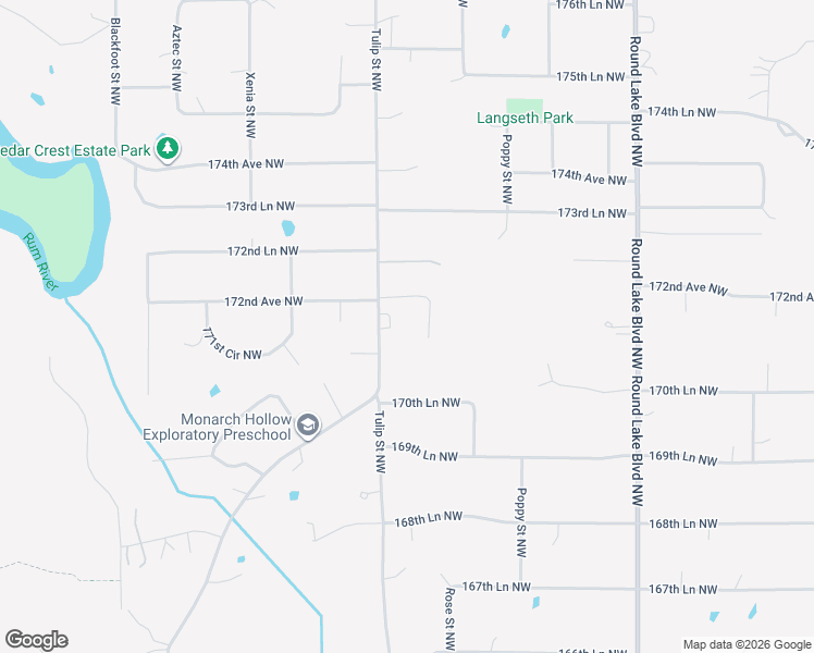 map of restaurants, bars, coffee shops, grocery stores, and more near 17165 Tulip Street Northwest in Andover