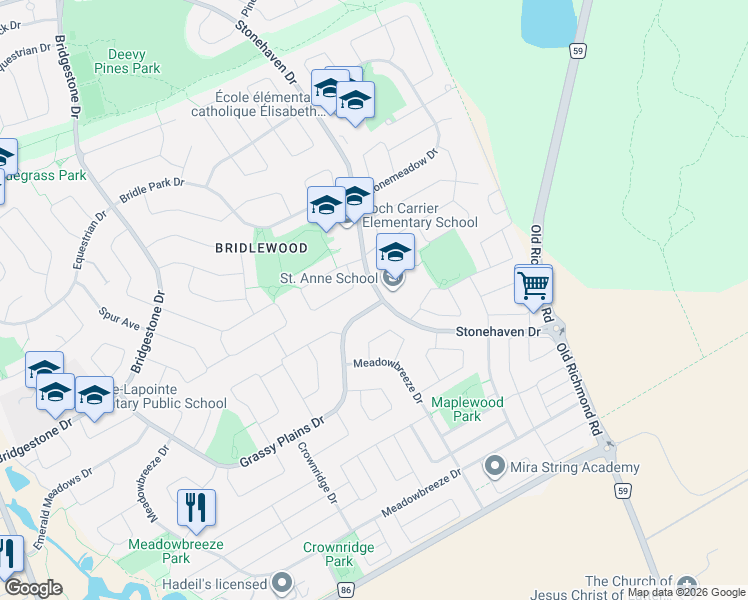 map of restaurants, bars, coffee shops, grocery stores, and more near 185 Grassy Plains Drive in Ottawa