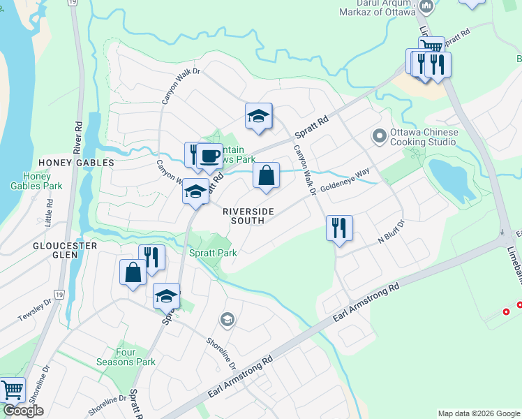 map of restaurants, bars, coffee shops, grocery stores, and more near 1155 Rocky Harbour Crescent in Ottawa