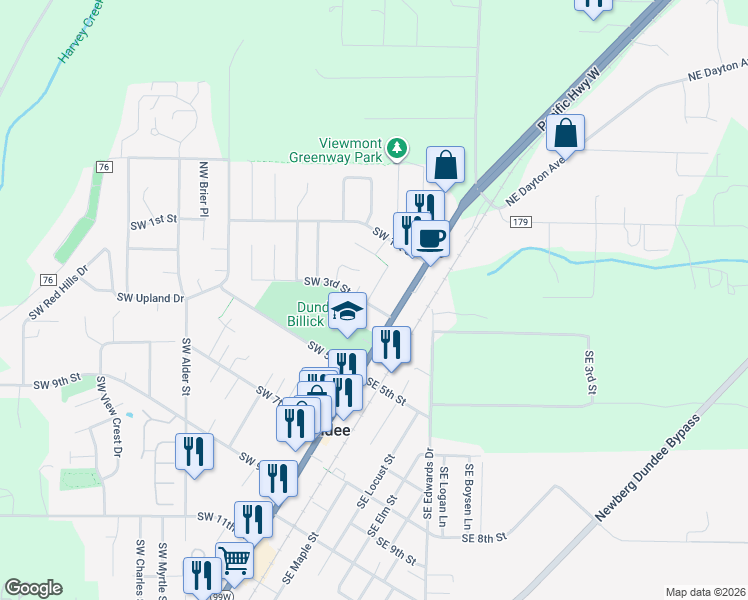 map of restaurants, bars, coffee shops, grocery stores, and more near 280 Southwest Namitz Court in Dundee