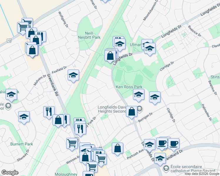 map of restaurants, bars, coffee shops, grocery stores, and more near 921 Greenbank Road in Ottawa