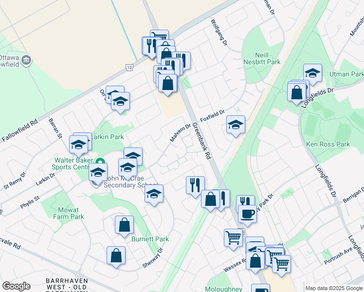 map of restaurants, bars, coffee shops, grocery stores, and more near 20 Thistledown Court in Ottawa