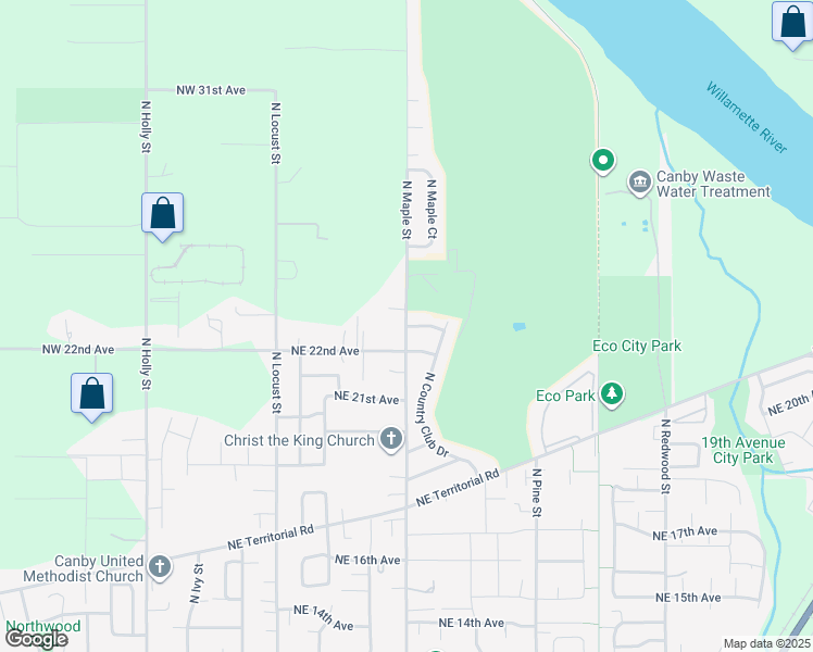 map of restaurants, bars, coffee shops, grocery stores, and more near 2300 North Maple Street in Canby