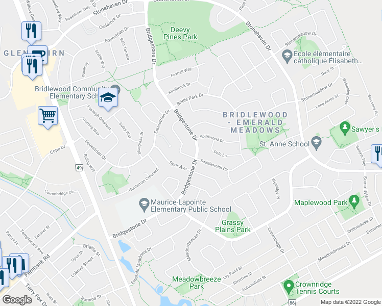 map of restaurants, bars, coffee shops, grocery stores, and more near 306 Waymark Crescent in Ottawa