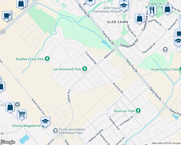 map of restaurants, bars, coffee shops, grocery stores, and more near 4868 Abbott Street East in Ottawa