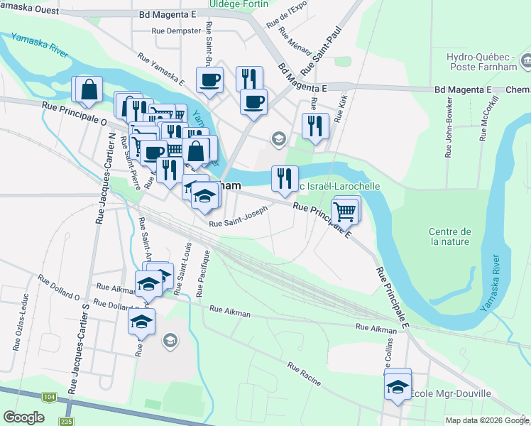 map of restaurants, bars, coffee shops, grocery stores, and more near 642 Rue Saint-Joseph in Farnham