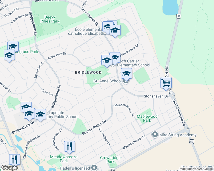 map of restaurants, bars, coffee shops, grocery stores, and more near 239 Tandalee Crescent in Ottawa