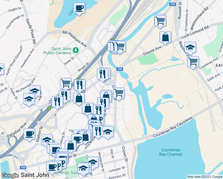 map of restaurants, bars, coffee shops, grocery stores, and more near 41 Crown Street in Saint John