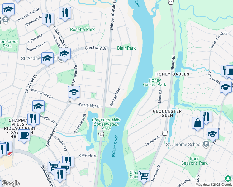 map of restaurants, bars, coffee shops, grocery stores, and more near 203 Winding Way in Ottawa