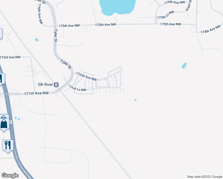 map of restaurants, bars, coffee shops, grocery stores, and more near 17143 Nixon Street in Elk River