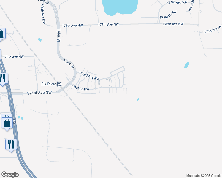map of restaurants, bars, coffee shops, grocery stores, and more near 17143 Nixon Street in Elk River