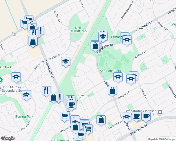 map of restaurants, bars, coffee shops, grocery stores, and more near 665 Via Amalfi Street in Ottawa