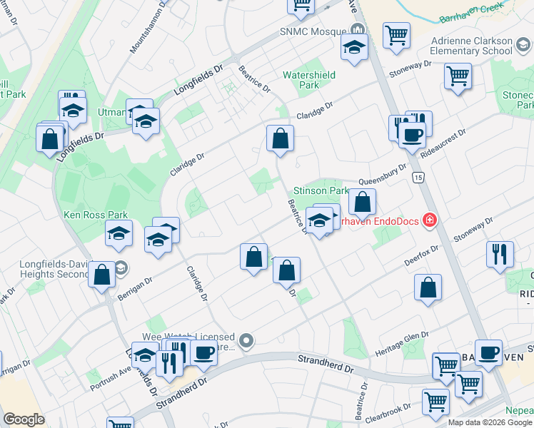 map of restaurants, bars, coffee shops, grocery stores, and more near 111 Fairlop Way in Ottawa