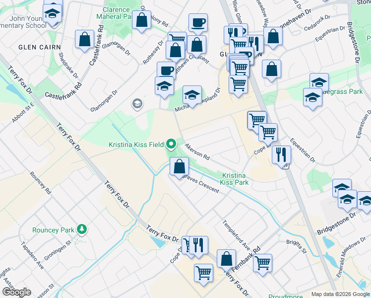 map of restaurants, bars, coffee shops, grocery stores, and more near 218 Akerson Road in Ottawa