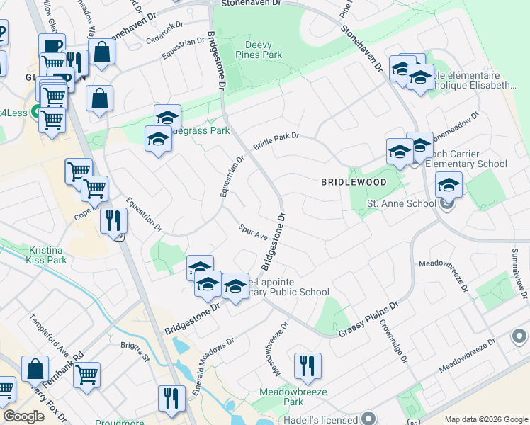 map of restaurants, bars, coffee shops, grocery stores, and more near 294 Waymark Crescent in Ottawa