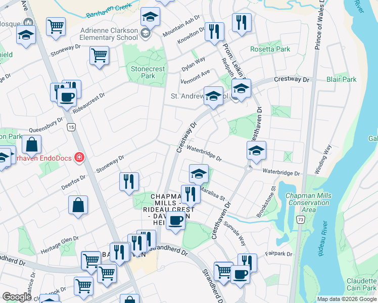 map of restaurants, bars, coffee shops, grocery stores, and more near 156 Waterbridge Drive in Ottawa
