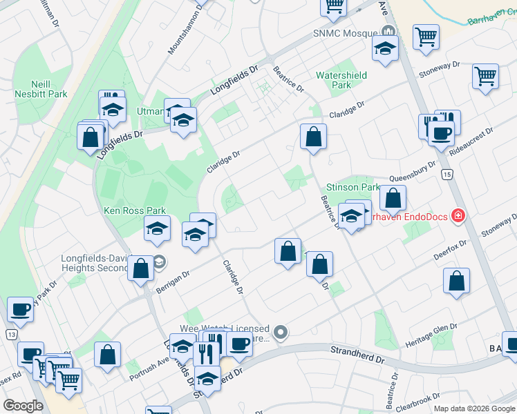 map of restaurants, bars, coffee shops, grocery stores, and more near 157 Fairlop Way in Ottawa