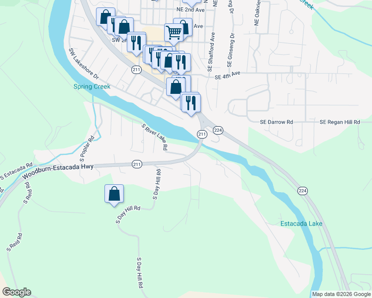map of restaurants, bars, coffee shops, grocery stores, and more near 25945 South River Lake Road in Estacada
