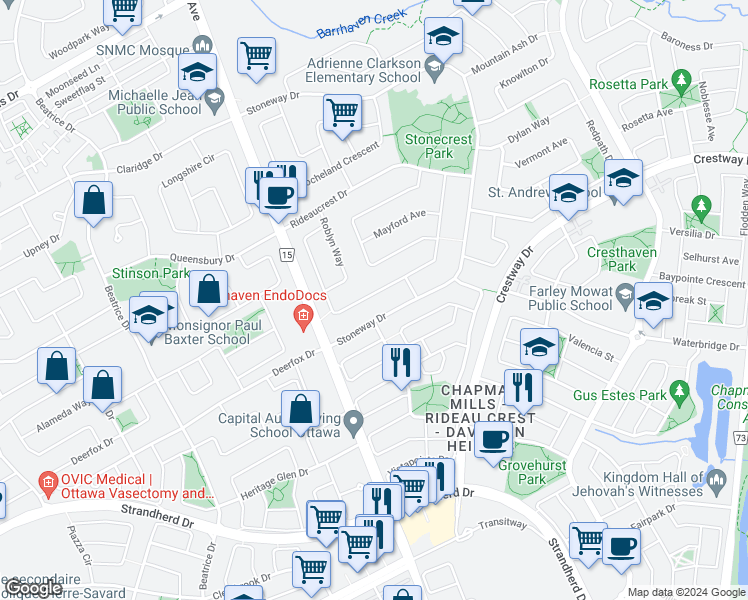map of restaurants, bars, coffee shops, grocery stores, and more near 157 Markland Crescent in Ottawa