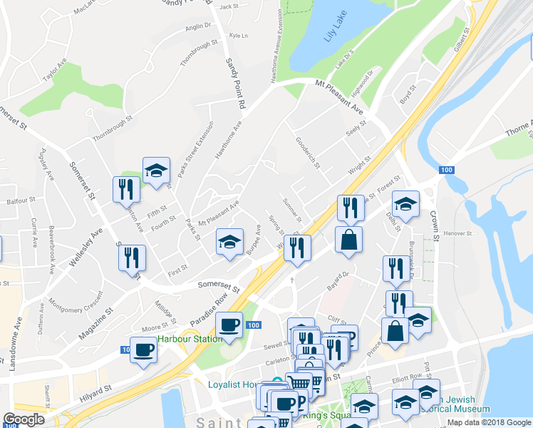 map of restaurants, bars, coffee shops, grocery stores, and more near 92 Spring Street in Saint John