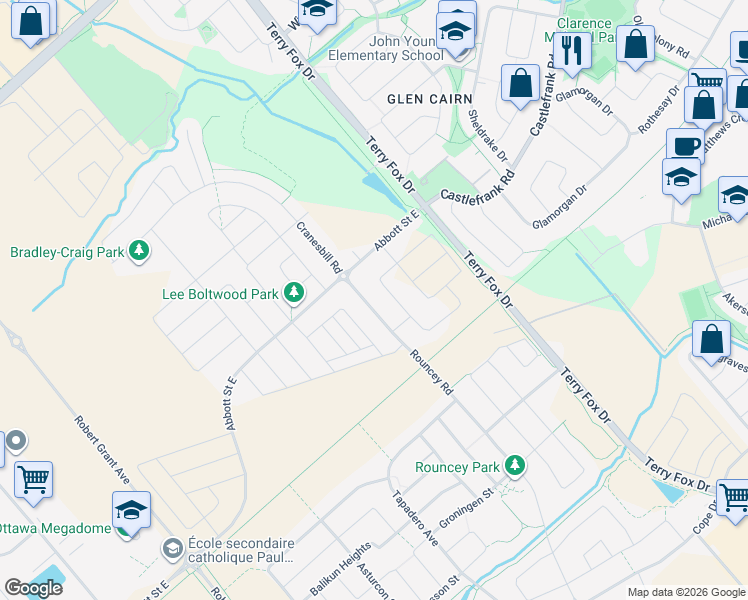 map of restaurants, bars, coffee shops, grocery stores, and more near 339 Rouncey Road in Ottawa
