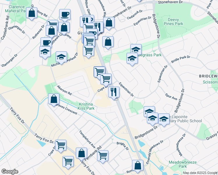 map of restaurants, bars, coffee shops, grocery stores, and more near 10 Cope Drive in Ottawa