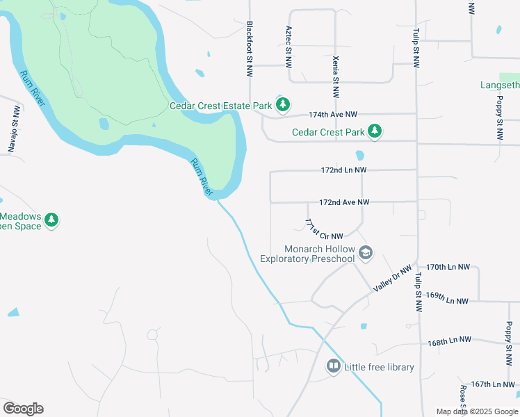 map of restaurants, bars, coffee shops, grocery stores, and more near 17138 Aztec Street Northwest in Andover