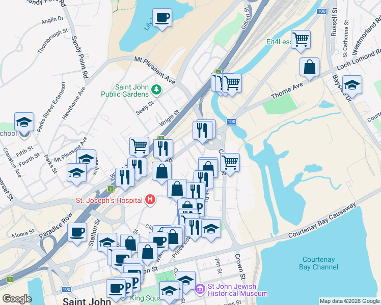map of restaurants, bars, coffee shops, grocery stores, and more near 25 Delhi Street in Saint John