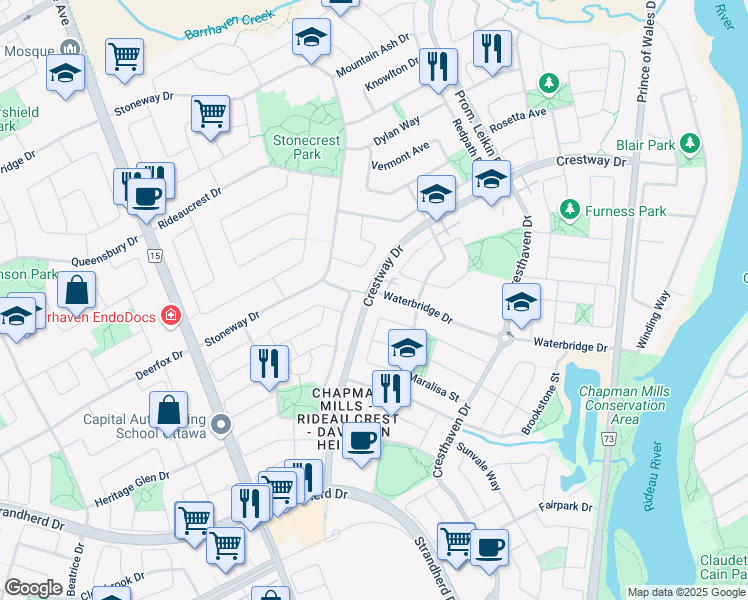 map of restaurants, bars, coffee shops, grocery stores, and more near in Ottawa