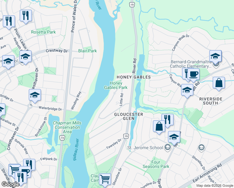 map of restaurants, bars, coffee shops, grocery stores, and more near 21 Ryeburn Drive in Ottawa