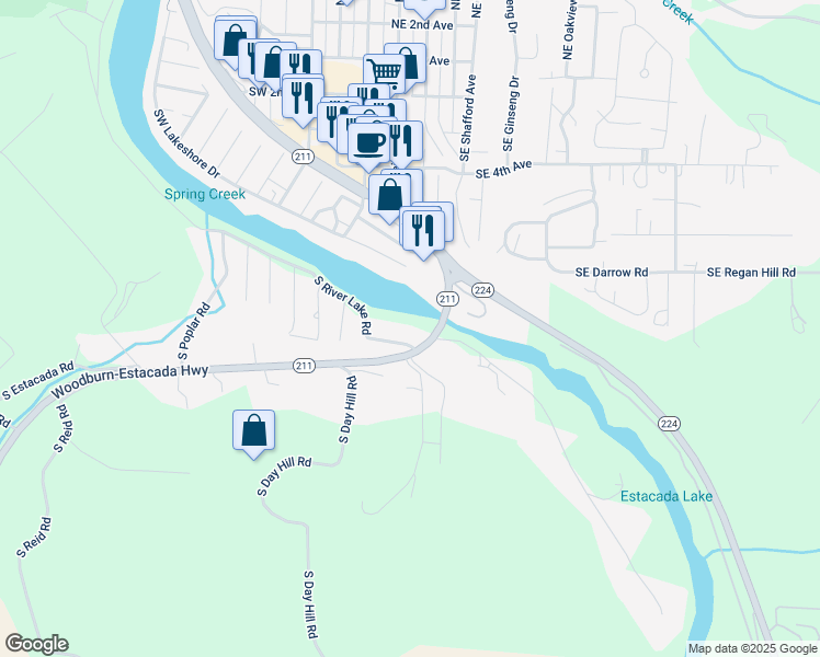 map of restaurants, bars, coffee shops, grocery stores, and more near 25945 South River Lake Road in Estacada