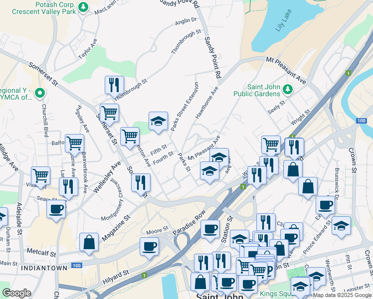 map of restaurants, bars, coffee shops, grocery stores, and more near 3 Crows Nest Lane in Saint John