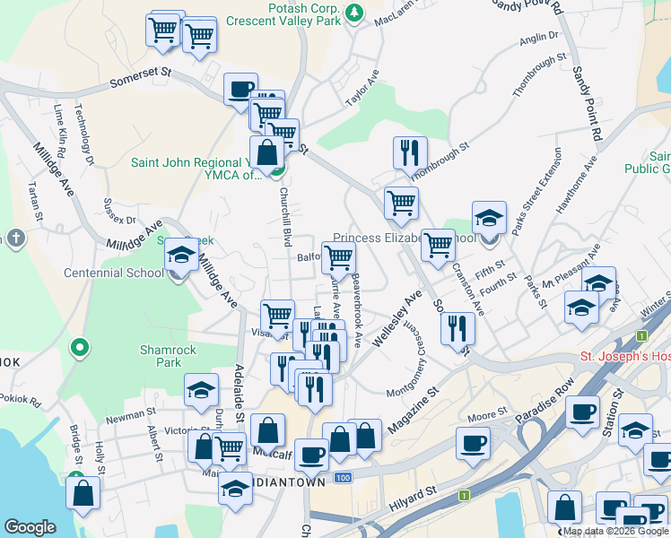 map of restaurants, bars, coffee shops, grocery stores, and more near in Saint John