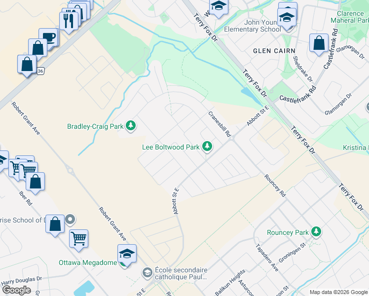 map of restaurants, bars, coffee shops, grocery stores, and more near 792 Twist Way in Ottawa