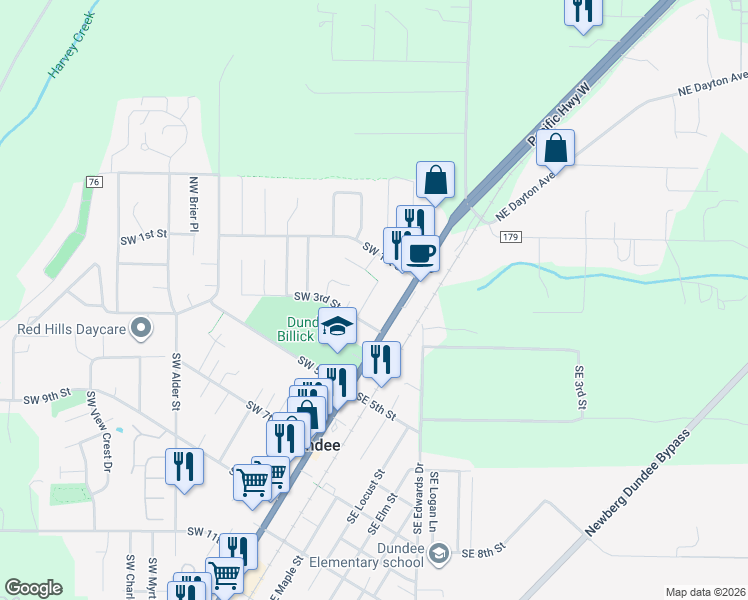 map of restaurants, bars, coffee shops, grocery stores, and more near 227 Southwest Namitz Court in Dundee
